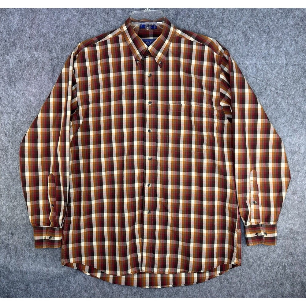 Pendleton Brown Orange Plaid Button Up Long Sleeve Cotton Shirt Large